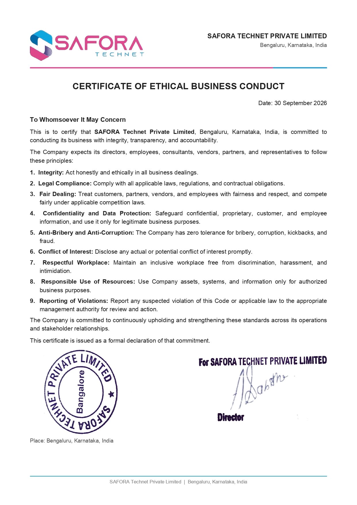 Safora Technet Certificate of Ethical Business Conduct, signed and stamped