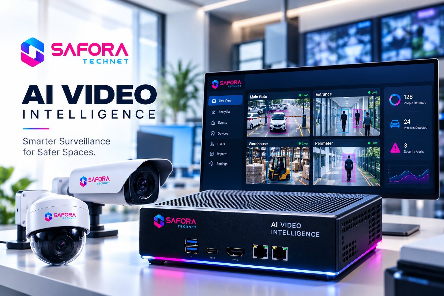 Safora Technet AI Video Analytics edge appliance and live view